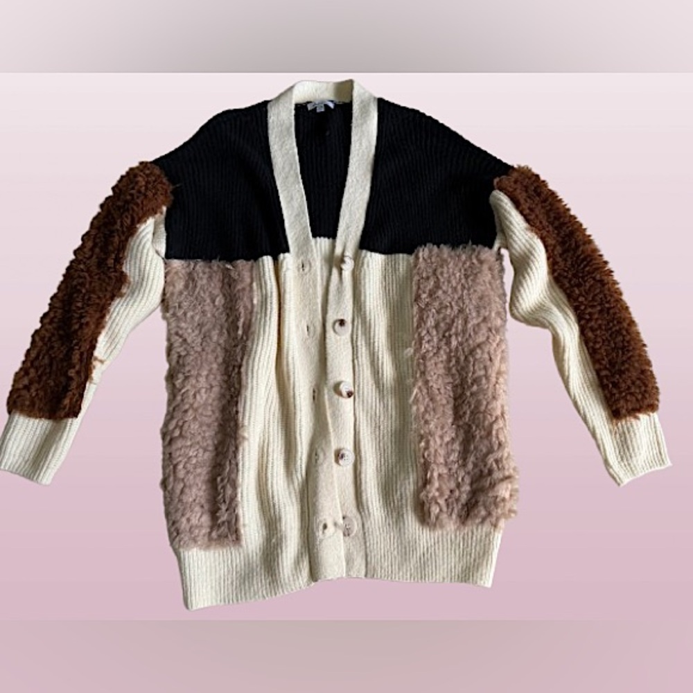 White Birch oversized chunky knit faux-fur patchwork button front cardigan S/M